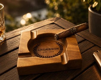 Custom Engraved Wooden Ashtray, Personalised Solid Wood Cigarette Cigar Ash Receiver, Gift for Him,