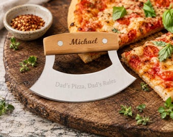 Personalised Mini Pizza Cutter, Custom Wooden Handle, Engraved Blade (Gift for Dad)