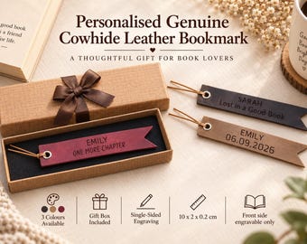 Personalised Genuine Cowhide Leather Bookmark, Custom Book Marker for Book Lover, Birthday Graduation present