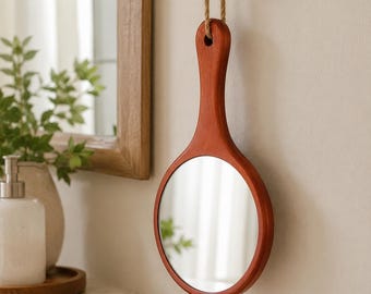 Personalised Bamboo Hand Mirror, Engraved Wooden Vanity Mirror, Brown Handheld Reflector, Custom name looking-glass