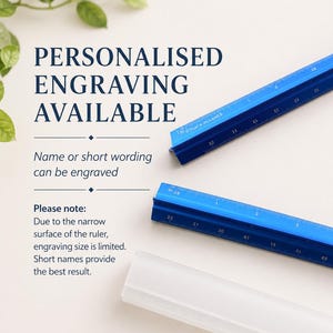 May include: Two blue triangular architectural scale rulers with white measurement markings. The text on the image reads: PERSONALIZED ENGRAVING AVAILABLE, Name or short wording can be engraved, Please note: Due to the narrow surface of the ruler, engraving size is limited. Short names provide the best result.