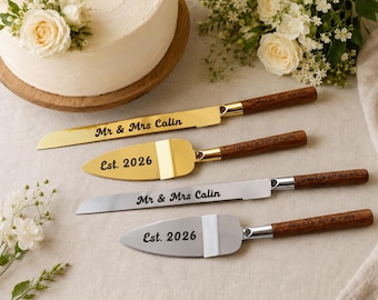 Personalised Wedding Cake Knife Server Set, Engraved Gold Silver, Wooden Handle Keepsake