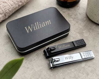Personalised Nail Clipper Set in Metal Tin, Engraved Stainless Steel Manicure Set