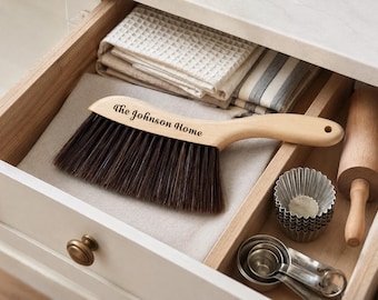 Personalised Beechwood Horsehair Hand Broom, Wooden Table Crumb Brush, Countertop Dust Brush, Housewarming Gift