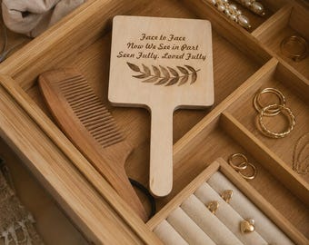 Personalised Beech Wood Hand Mirror, Engraved Wooden Mirror, Custom Name or Message, Bridesmaid Gift