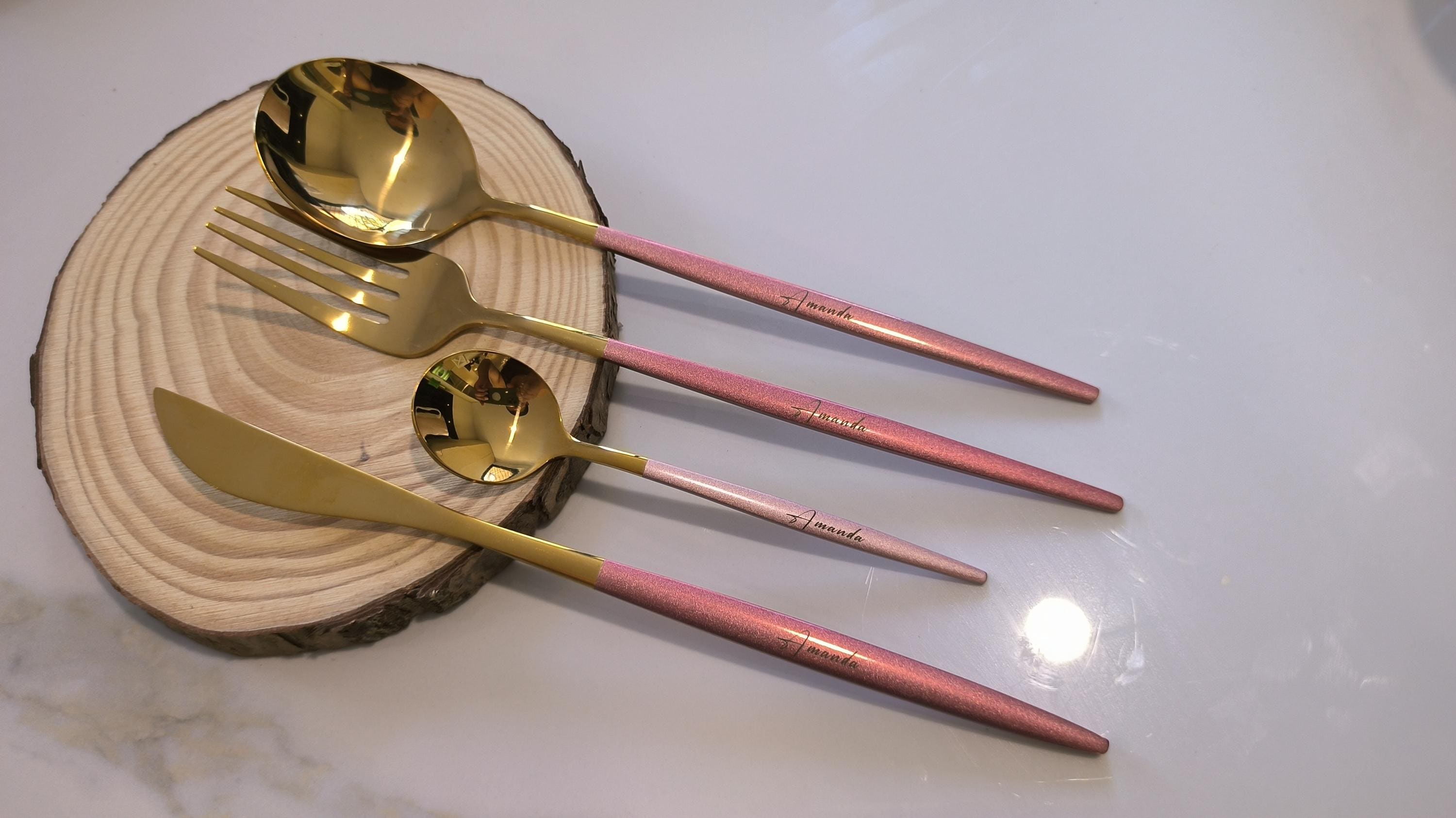 Luxury Multi-Color Laser Engraved Stainless Steel Cutlery Set – 4-Piece Set, Valentine's Day Gift