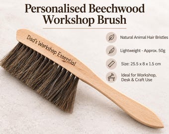 Personalised Beechwood Hand Brush, Animal Hair Workshop Dust Sweeper, Broom Gift for Dad