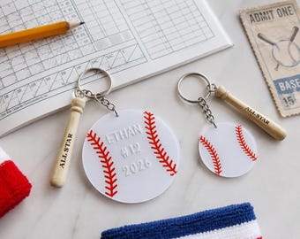 Personalised Baseball Bag Tag, Custom Acrylic Baseball Keychain with Wooden Bat, Player Name & Number