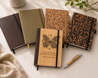 Personalised Bamboo Notebook with Engraved Pen--Custom Wooden Journal, Graduation or Teacher Gift