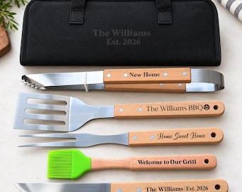 Personalised BBQ Set for Dad, Beechwood Handles Engraved Grill Tools, Housewarming Wedding Anniversary Gift