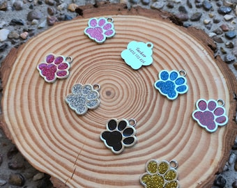 Glitter Dog Paw Pet ID Tag: Custom Engraved Titanium Collar Tag