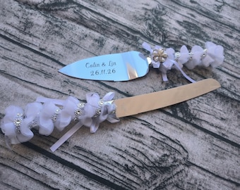 Personalised Wedding Cake Knife and Server Set, Engraved Stainless Steel Cake Cutting Gift Pack