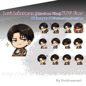 May include: A digital collection of 12 chibi-style PNG images featuring Levi Ackerman from Attack on Titan. The character has black hair and wears a brown jacket with a white cravat. Each image displays a different facial expression or pose.