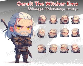 Puede incluir: Una ilustración digital de Geralt de Rivia, el Brujo, en estilo chibi. Lleva su armadura característica y tiene una expresión seria. La imagen está etiquetada como "Geralt The Witcher Emo" e incluye el texto "12 imágenes PNG 256x256 px, 128x128 px".