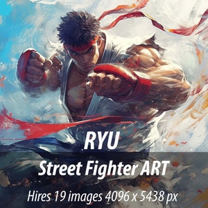 Può includere: Un'illustrazione digitale di Ryu di Street Fighter. L'immagine è in uno stile pittorico con schizzi di vernice rossa, gialla e blu. Ryu è in una posa da combattimento con il pugno destro chiuso e la mano sinistra in un pugno con un guanto rosso e bianco. Il testo "RYU" e "Street Fighter ART" è nella parte inferiore dell'immagine.