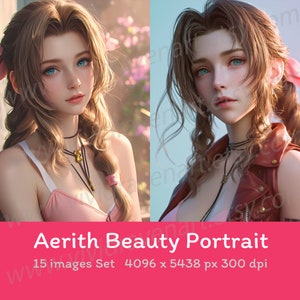 Retrato facial de Aerith Gainsborough: impresión artística de alta calidad de Final Fantasy que muestra la belleza de Aerith.