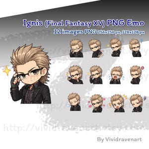 May include: A digital collection of 12 chibi-style PNG images featuring the character Ignis from Final Fantasy XV. The character has spiky blonde hair, wears black-rimmed glasses, and a black jacket. The text reads Ignis (Final Fantasy XV) PNG Emo.