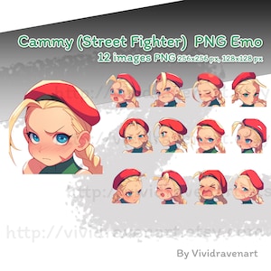 May include: A set of 12 PNG images of Cammy from Street Fighter, in an emo style. Each image shows a different facial expression, with Cammy wearing a red beret and green top. The text "Cammy (Street Fighter) PNG Emo" is visible.