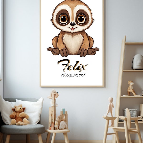 Poster (Home Print) personalisiert mit Name und Geburtsdatum, Namensposter, Wall Art, Faultier, Digitaler Download, Druck für Kinderzimmer