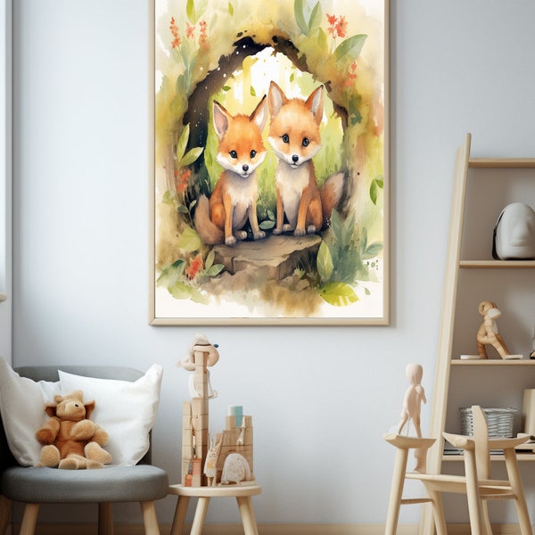 Zwei Füchse im Wald Tiere Kinderzimmer Leinwand Druck Wand Kunst Wald Wand-Dekor Wallart Aquarell Gemälde