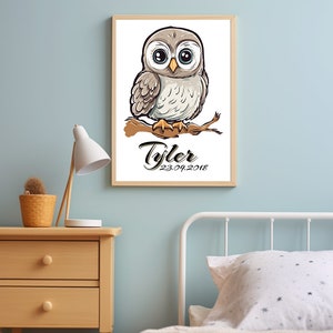 Poster (Home Print) personalisiert mit Name und Geburtsdatum, Namensposter, Wall Art, Baby Eule, Digitaler Download, Druck für Kinderzimmer