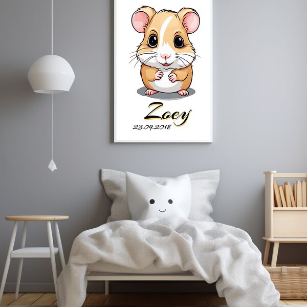 Poster (Home Print) personalisiert, Name und Geburtsdatum, Namensposter, Wall Art, Baby Hamster, Digitaler Download, Druck für Kinderzimmer