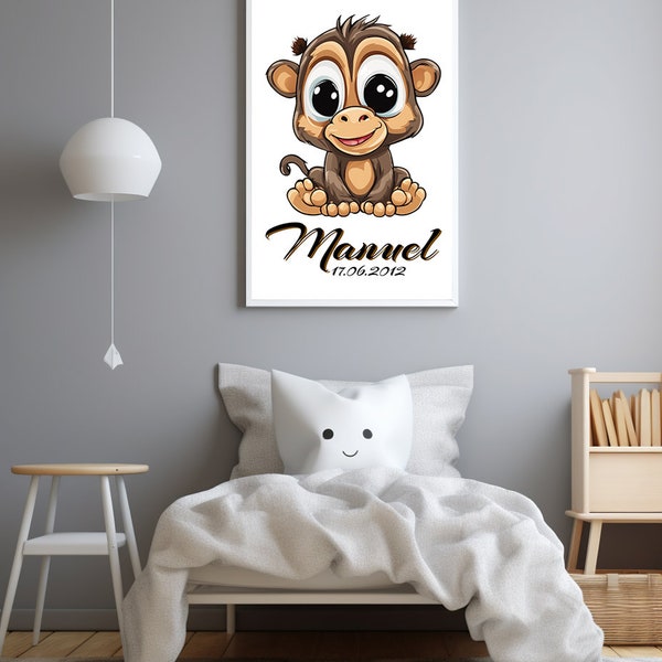 Poster (Home Print) personalisiert mit Name und Geburtsdatum, Namensposter, Wall Art, Baby Affe, Digitaler Download, Druck für Kinderzimmer