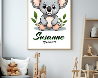 Poster (Home Print) personalisiert mit Name und Geburtsdatum, Namensposter, Wall Art, Baby Koala, Digitaler Download, Druck für Kinderzimmer