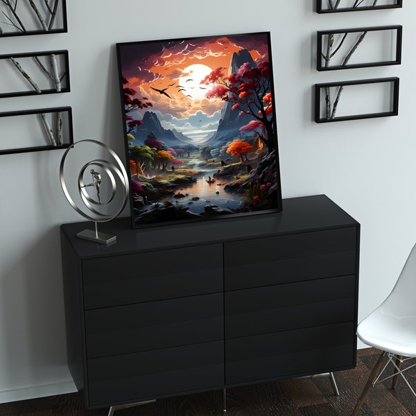 Fluss in mystischer Landschaft Bäume Leinwand Druck Wand Kunst Landscape Gebirge Wand-Dekor Wallart Gemälde