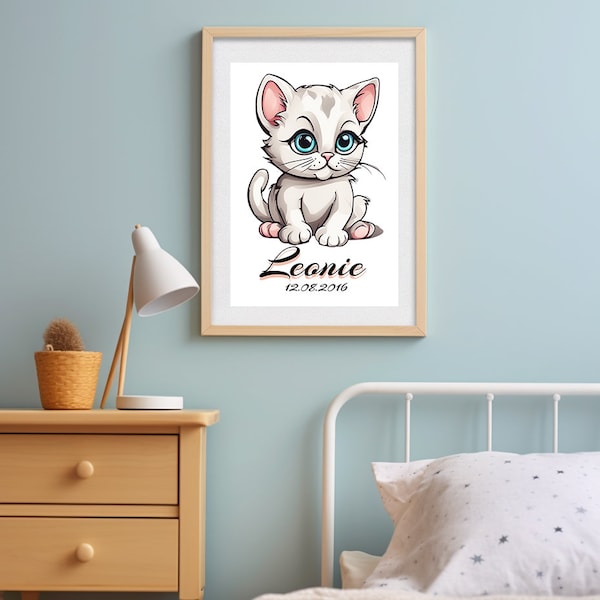 Poster (Home Print) personalisiert mit Name und Geburtsdatum, Namensposter, Wall Art, Baby Katze, Digitaler Download, Druck für Kinderzimmer