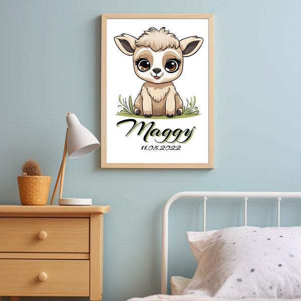 Poster (Home Print) personalisiert mit Name und Geburtsdatum, Wall Art, kleines Baby-Schaf, Digitaler Download, Zum Druck für Kinderzimmer