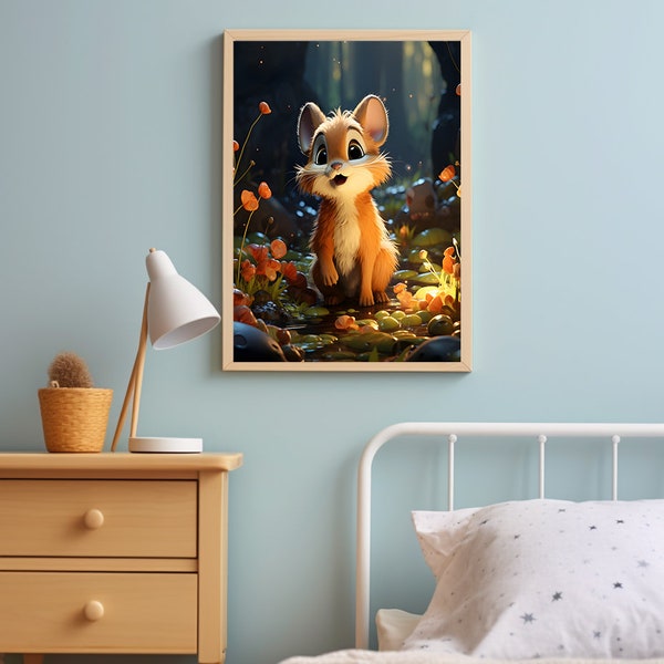 Neugieriges Eichhörnchen im Wald Tiere Kinderzimmer Leinwand Druck Wand Kunst Wald Wand-Dekor Wallart Aquarell Gemälde