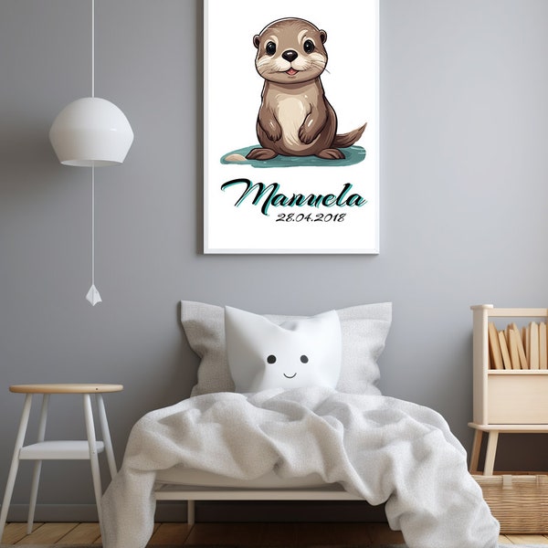 Poster (Home Print) personalisiert mit Name und Geburtsdatum, Wall Art, kleiner Baby-Otter, Digitaler Download, Zum Druck für Kinderzimmer