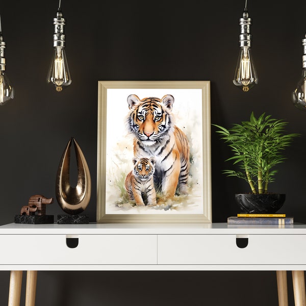 Tiger mit Baby Leinwand Druck Aquarell Wand Dekoration Wallart Gemälde