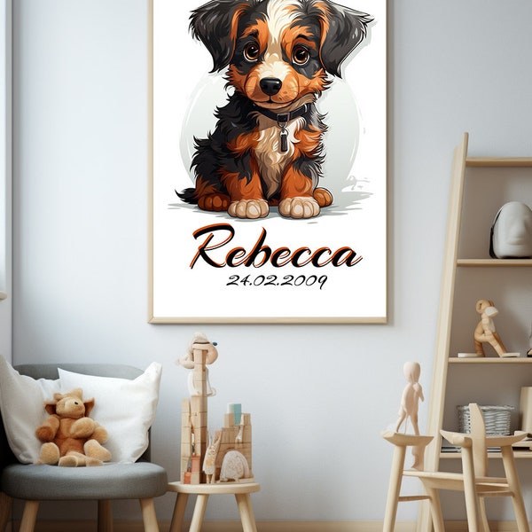 Poster (Home Print) personalisiert mit Name und Geburtsdatum, Namensposter, Wall Art, Baby Hund, Digitaler Download, Druck für Kinderzimmer