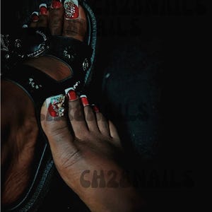 ROCKSTAR Red charmed frenchie press on toes|custom press on toes| blingy press on toes| red press on toes| toes with charms| gifts for her