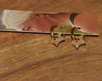 14K ゴールドフィルド CZ スター ハギー | キュービックジルコニア スター チャーム ハギー | ゴールドフィルド フープ イヤリング | ゴールド スター イヤリング | イヤリング スタック ハギー