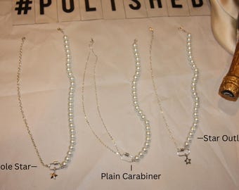 パールとチェーンのカラビナネックレス | シルバーチェーンとパールのネックレス | スターとパールのカラビナネックレス | パールネックレス | シルバー