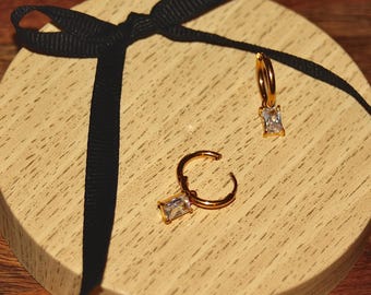 18K ゴールドフィルド 長方形 CZ ハギー | クリア長方形 CZ ハギー | ゴールドフィルド ハギー | ゴールド ハギー フープ | キュービックジルコニア長方形チャーム