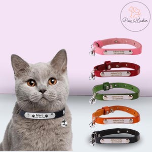 Coleira de couro personalizada para gatos – Coleira ajustável para animais de estimação com sino e gravação de nome