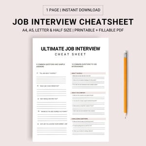 May include: A printable job interview cheat sheet with sections for common questions and sample answers, questions to ask the interviewer, and concluding questions. The cheat sheet is designed to help job seekers prepare for interviews.