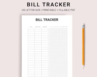 May include: Printable bill tracker with a grid for listing bills, due dates, and amounts. The right side of the page has a grid of circles for marking the days of the month.