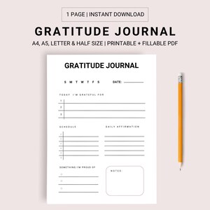May include: A printable gratitude journal with a black and white design. The journal includes sections for daily affirmations, a schedule, things you are grateful for, and something you are proud of. The journal also includes a section for notes.