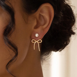 Dainty Pearl Earrings, 14K Gold Bow Ear Jacket, Pearl Stud Earrings, Wedding, Bridal, Bridesmaid Gifts, Birthday, Gift for Her