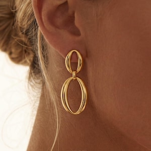 18K Gold Oval Link Drop Earrings, Modern Minimalist Statement Jewelry