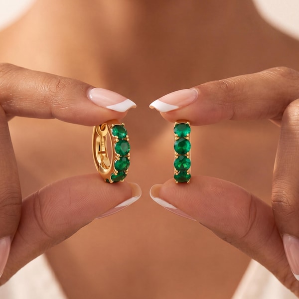 Emerald Earrings, 18K Gold Vermeil Sterling Silver, Huggie Hoops, Emerald Green Hoop Earrings, May Birthstone Jewelry, Gift for Her