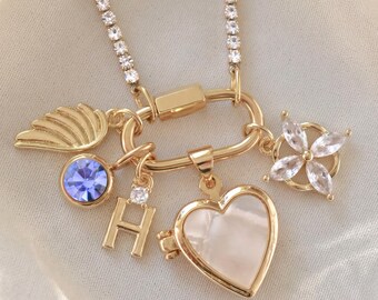 Custom Charm Necklace, Personalized Carabiner Necklace, Initial & Birthstone Necklace, Engraved Heart Locket Necklace, Custom Gift for Her