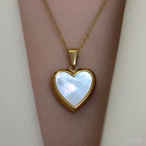 Heart Locket Necklace | Gold or Silver Personalized Pendant | DIY Photo Jewelry | Mother of Pearl Abalone Shell | Sentimental Gift for Her