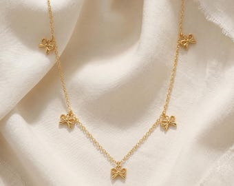 18K Gold Bow Necklace, Dainty Ribbon Choker, Layering Necklace, Coquette Jewelry, Gift for Her, Elegant Bow Tie Pendant, Everyday Jewelry