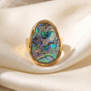 18K Gold Abalone Shell Statement Ring, Organic Chunky Mother of Pearl Jewelry, Iridescent Waterproof Adjustable Ring